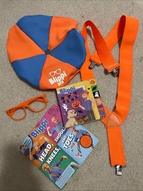 Blippi Lot  Orange & Blue Beret,Orange Suspenders,glasses,2 (1 sound)board books